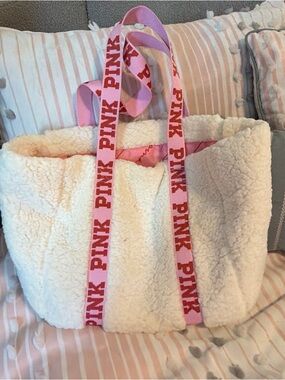 PINK Sherpa Tote Bag in Cream with Pink Straps